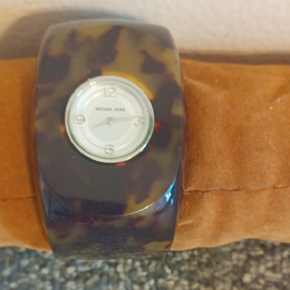 Michael Kors Tortoise Shell Watch with White Face Cuff Large Statement Bracelet